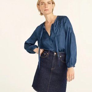 CREW Featherweight Satin Tie-Neck Top- Size Medium Color Deep Midnight